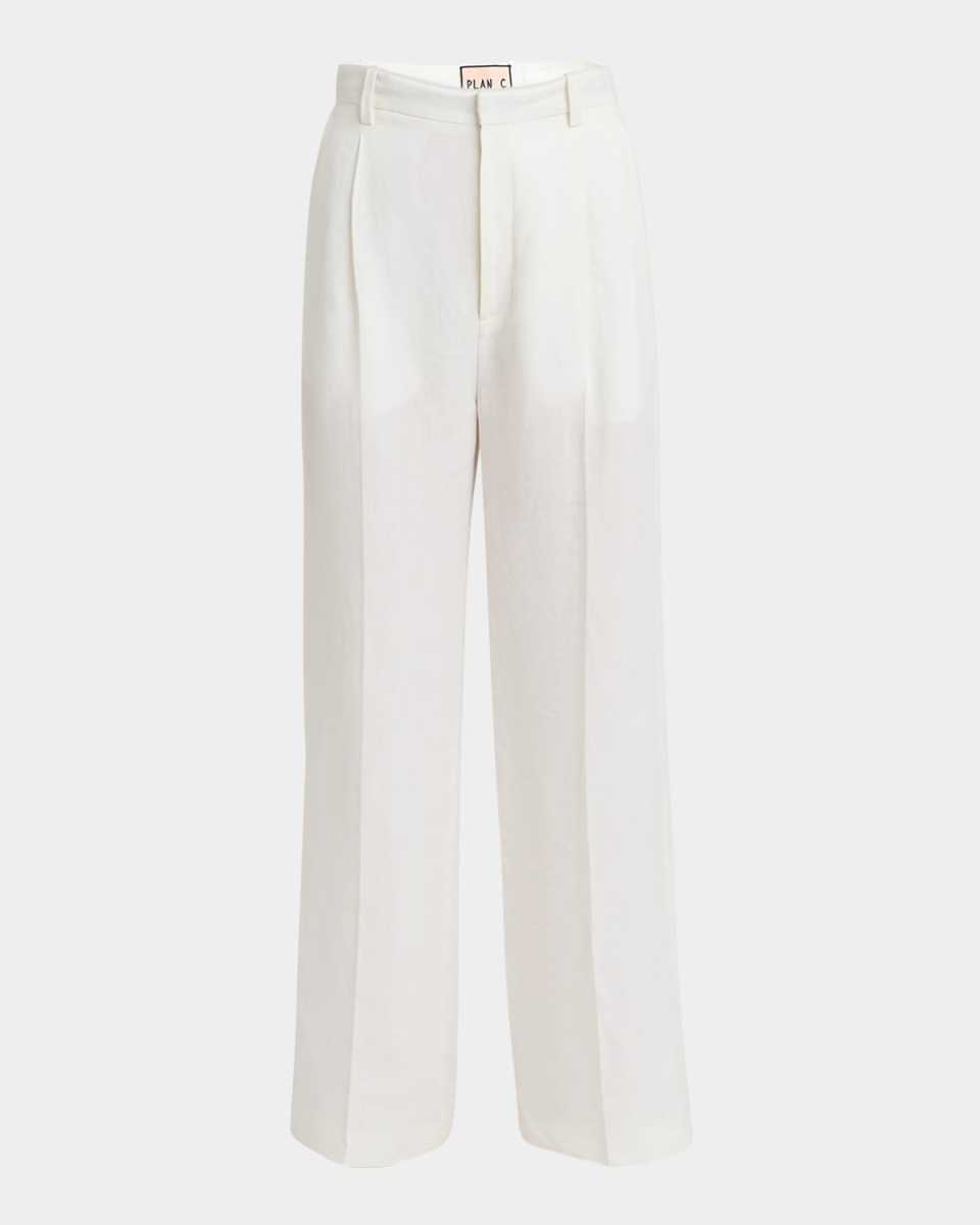 Pleated Wide-Leg Linen Trousers